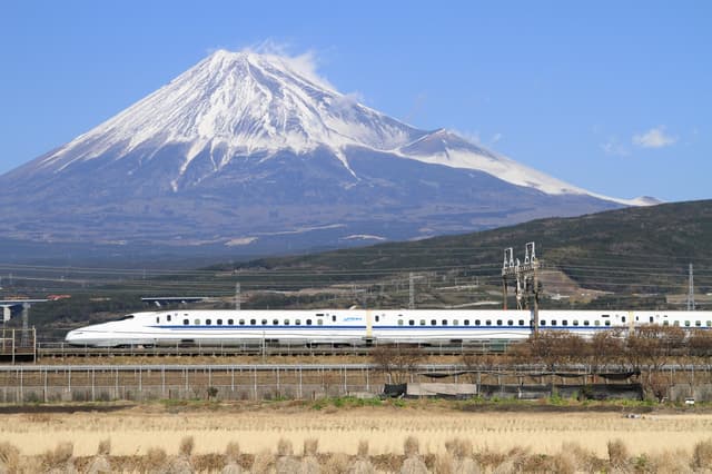 Mount Fuji seen from a train route in Japan